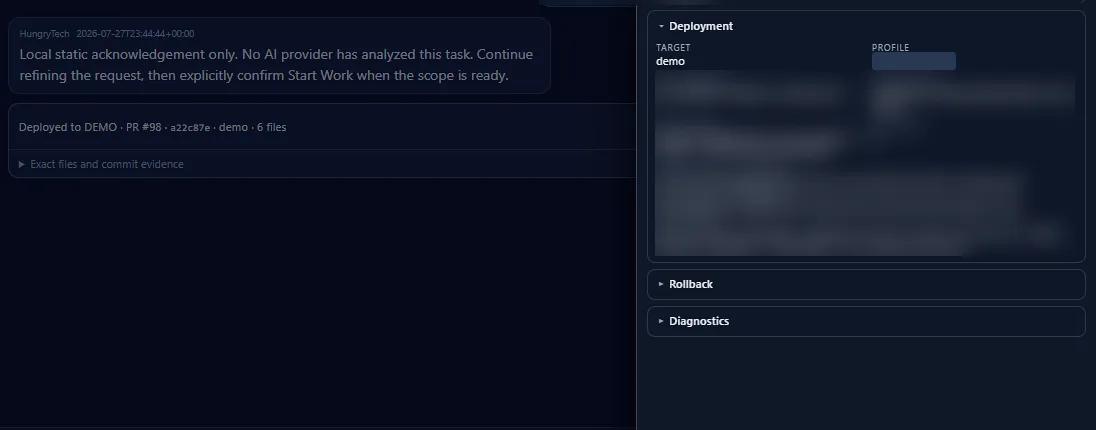 Command Center with the details panel open beside the task conversation, showing the deployment record for a pull request with commit reference, target environment and file count