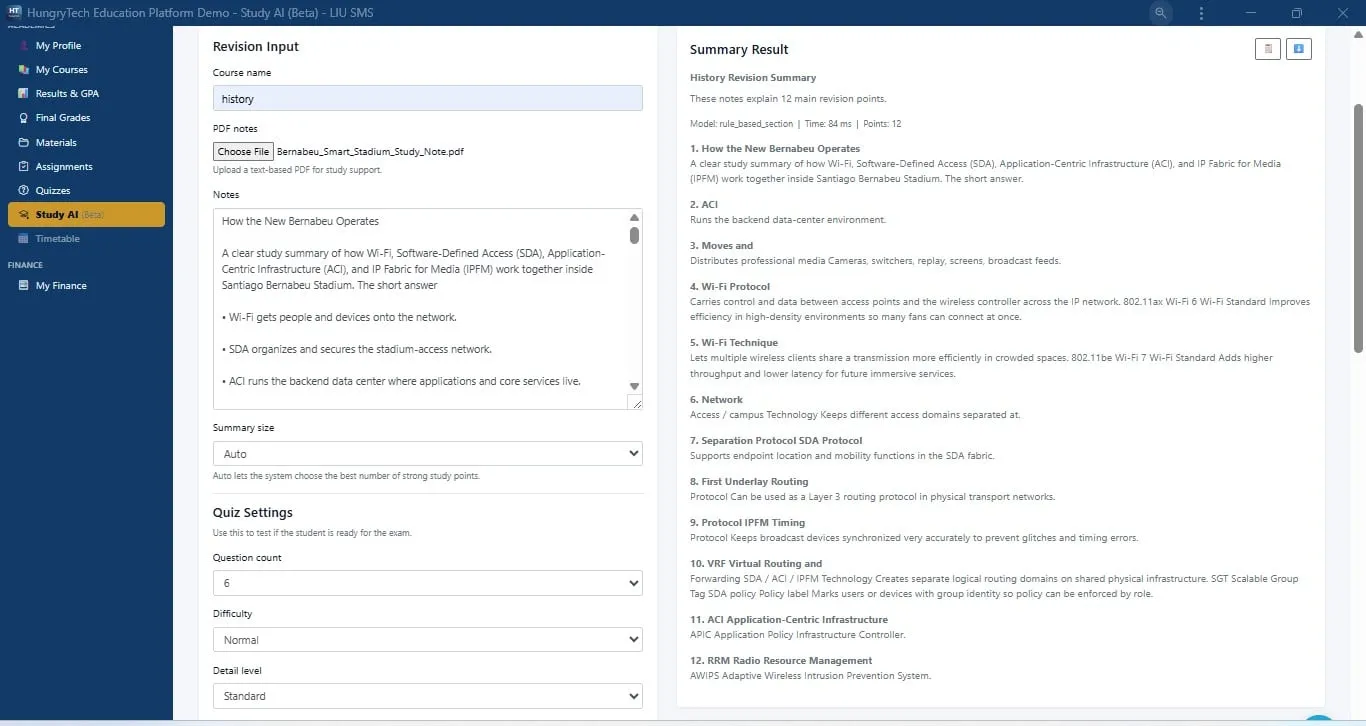 Split view showing a generated revision summary from uploaded notes, and the platform assistant answering a student question about their fee balance