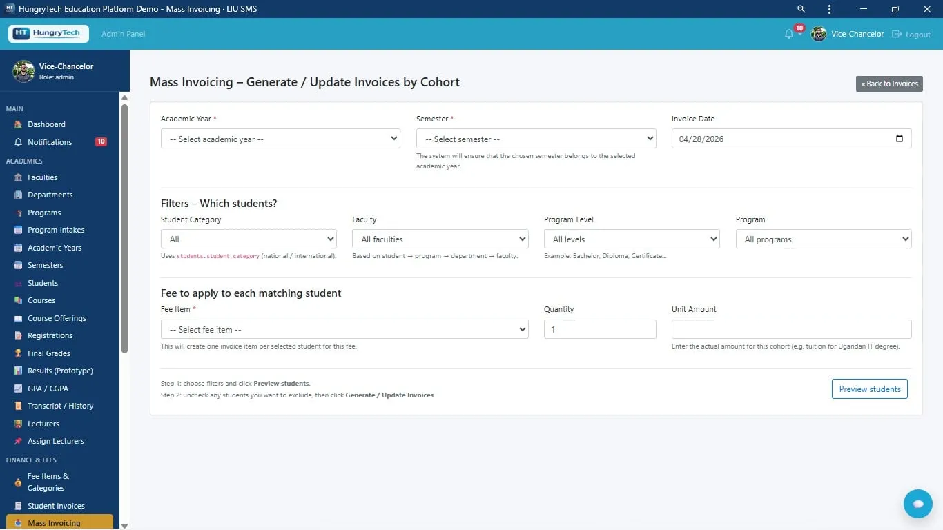Education Platform mass invoicing screen for selecting an academic year, semester, student cohort and fee before previewing affected students