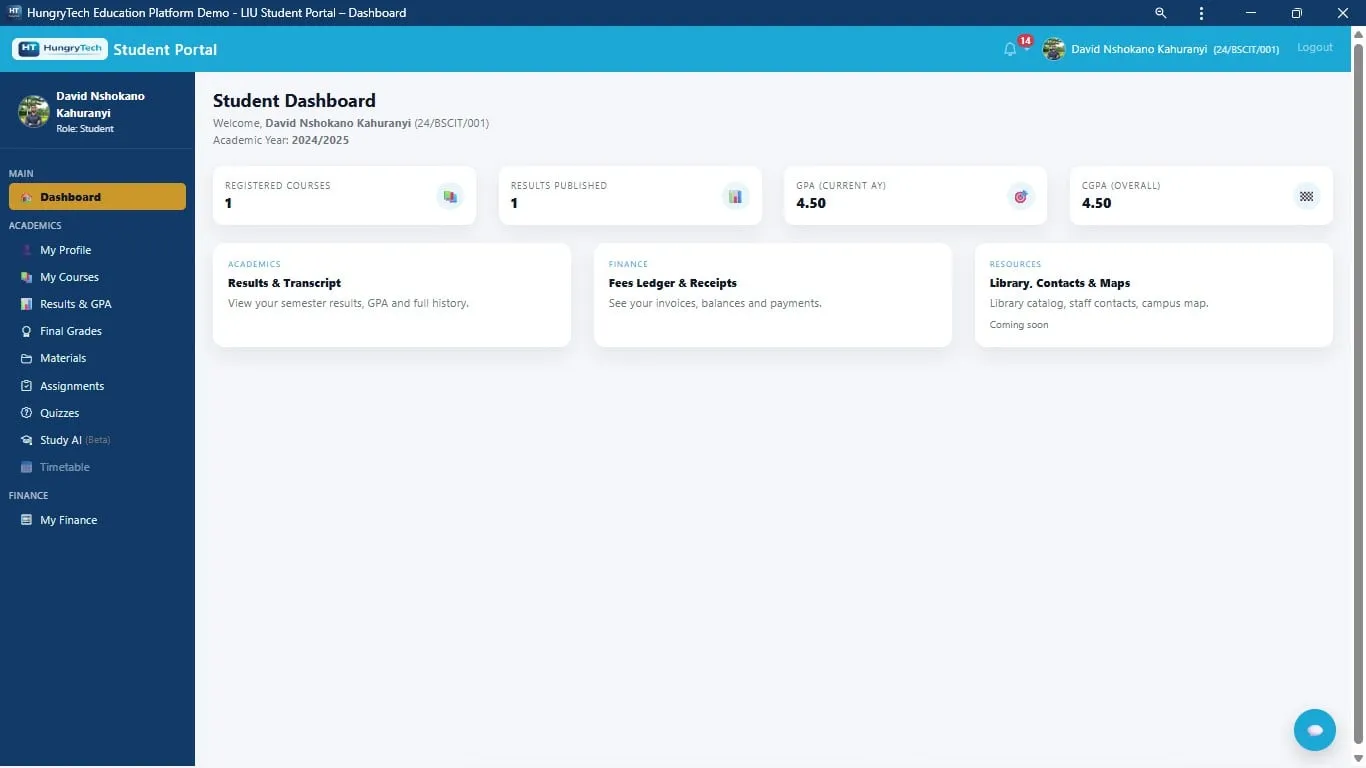 Student dashboard showing enrolled courses, published results, GPA and overall CGPA, with links to transcript, finance and campus resources
