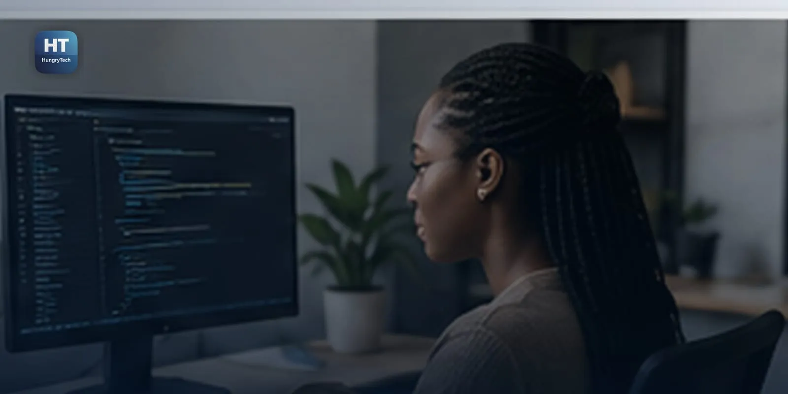 A developer working on institutional software at a desk