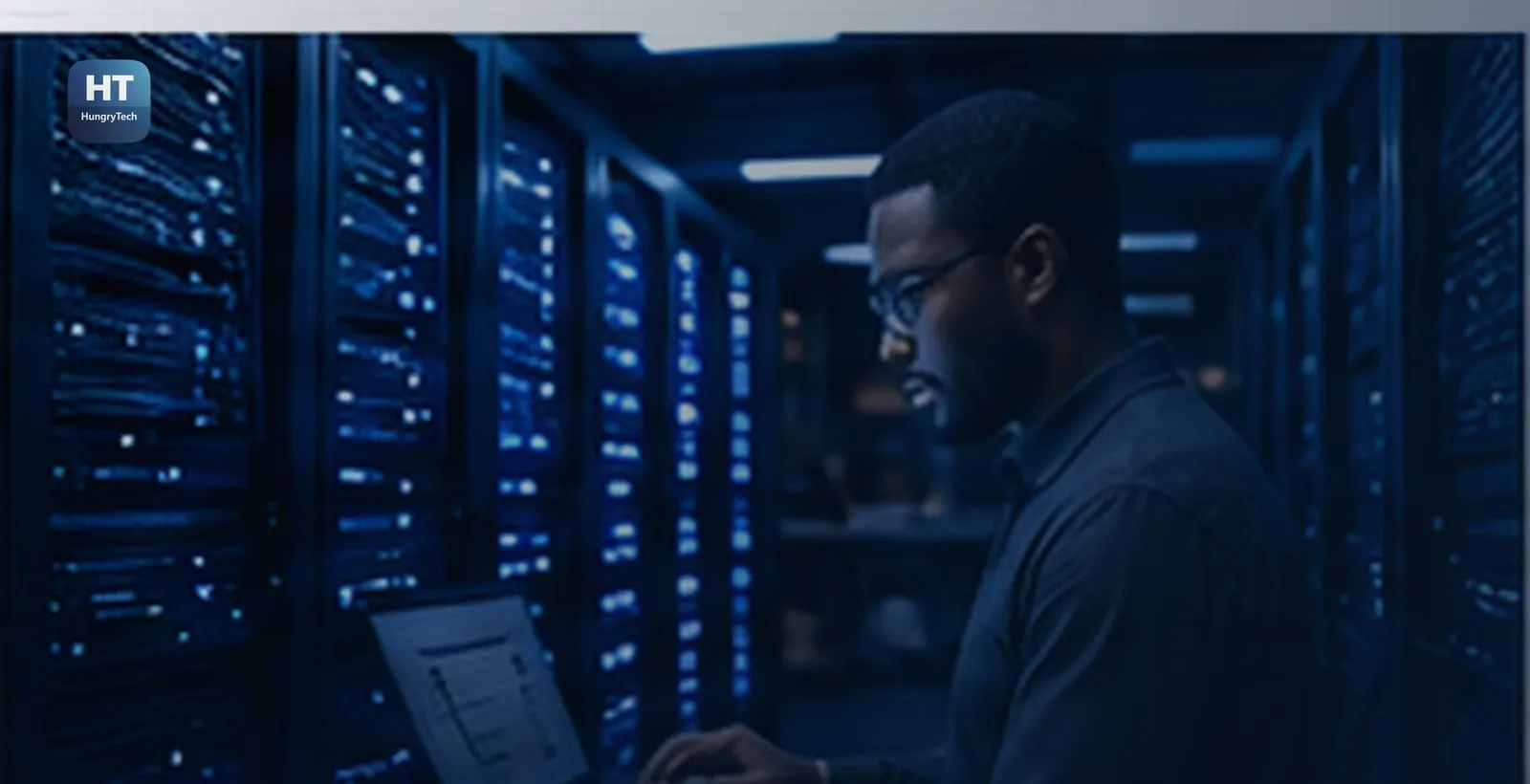 An engineer working at a laptop in a data centre aisle
